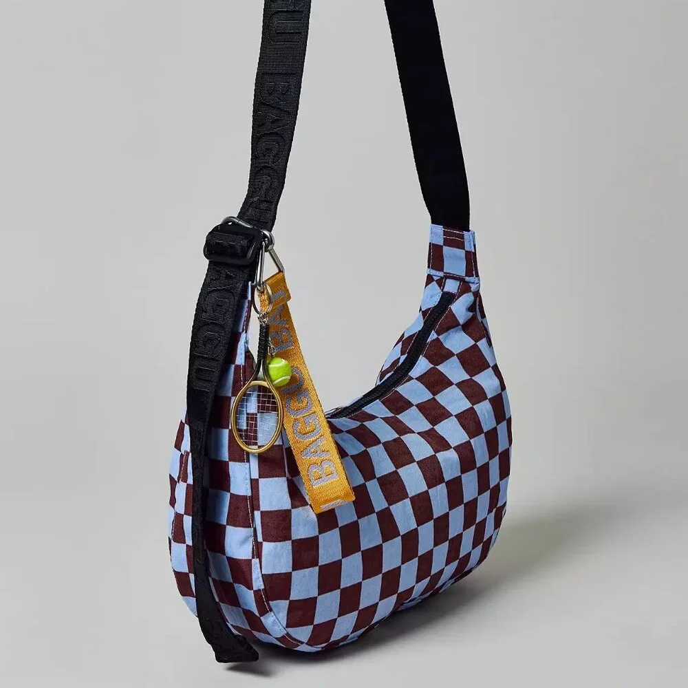 NWT Baggu Medium Crescent Bag - Brown Blue Check - Picture 7 of 8
